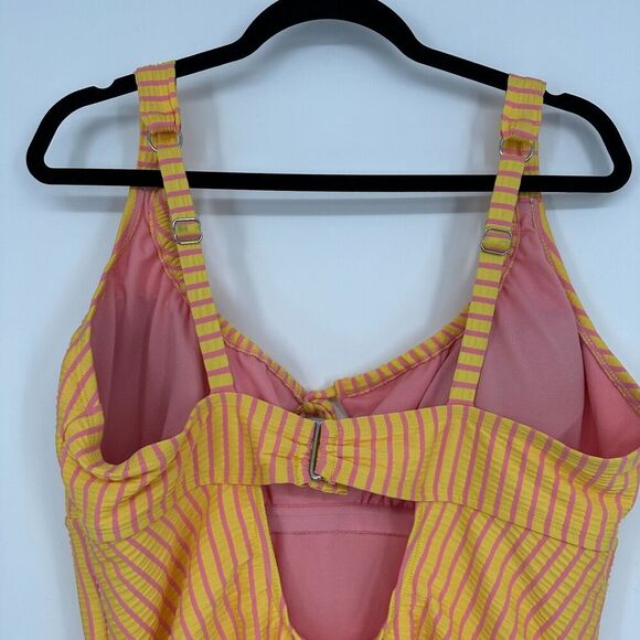 Adore Me Womens One Piece Swimsuit Size 2X Yellow Pink Stripe Beach Lined Ruched - Picture 8 of 12
